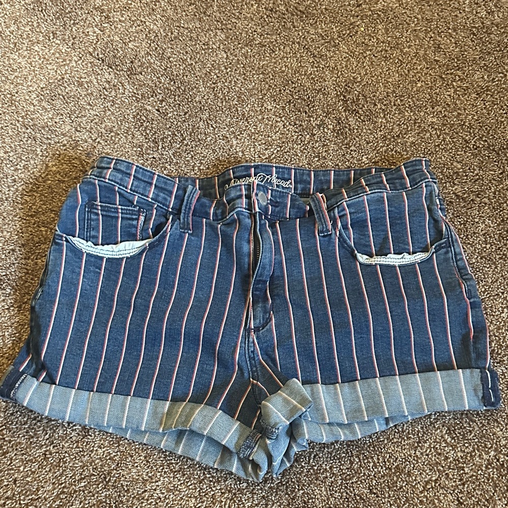 Denim Shorts with Red and White Pinstripes